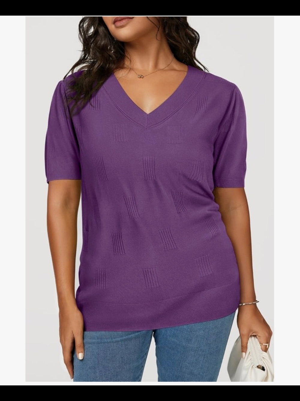 Purple V-Neck Short Sleeve Sweater